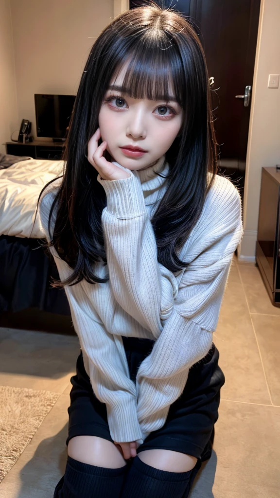 highest quality、8k、32k、masterpiece、Super vivid、Highest quality、8k full vision, Cinematic lighting:1.2)、(Blue right), One Girl、Long Hair Girl、Beautiful Japanese Women、Black-haired、Heavy bangs、Long sleeve shirt、Hair length、Fluffy white sweater、Don't expose it、choker、plump breasts, (jirai type fashion、jirai type makeup, Jirai Type Girl), Sparkling under-eye bags、red glitter eye makeup, From feet to head、
indoor、moonlit room、Dark Room、dim、A room in an apartment with a sense of life、A messy room、Messy room、