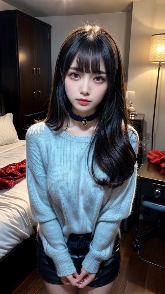 highest quality、8k、32k、masterpiece、Super vivid、Highest quality、8k full vision, Cinematic lighting:1.2)、(Blue right), One Girl、Long Hair Girl、Beautiful Japanese Women、Black-haired、Heavy bangs、Long sleeve shirt、Hair length、Fluffy white sweater、Don't expose it、choker、plump breasts, (jirai type fashion、jirai type makeup, Jirai Type Girl), Sparkling under-eye bags、red glitter eye makeup, From feet to head、

indoor、moonlit room、Dark Room、dim、A room in an apartment with a sense of life、A messy room、Messy room、