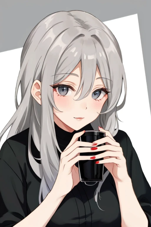 beautiful older woman with long grey hair and dark grey eyes
