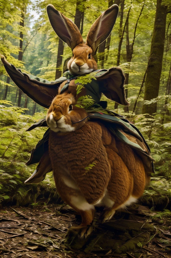 an anthropomorphic rabbit dressed as Robin Hood riding a large bird running through the a giant forest, masterpiece, best, photo realistic