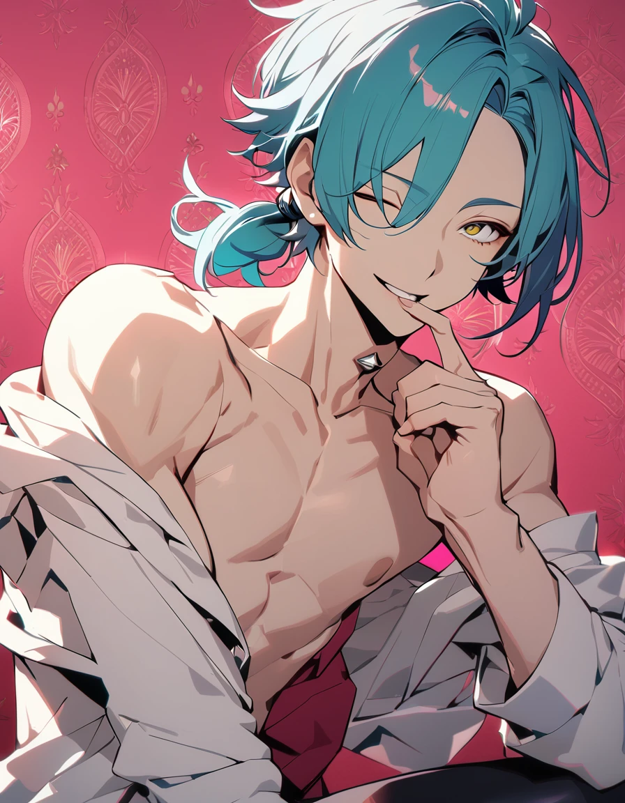 ((((best masterpiece, best quality, wallpaper,)))) solo, guy, male body, small muscles, flat chest, 1male, 30 years old, handsome man, dramatic angle, upper body, looking at viewers, beautiful detailed, finger to mouth, mediumturquoise hair, ((((Lower short ponytail)))), asymmetrical bangs, ((short hair,)) seductive smile, ((( one eye closed, gold eyes,))) (((^o^, tareme, droopy eyes,))) perfect face, extremely detailed eyes, perfect hands, sharp nose, seductive smile, clear face, open shirt, ((silver piercing,)) leggings, pink background color ultrasharp, 8K, masterpiece,,wrenchftmfshn, fantasy clothing