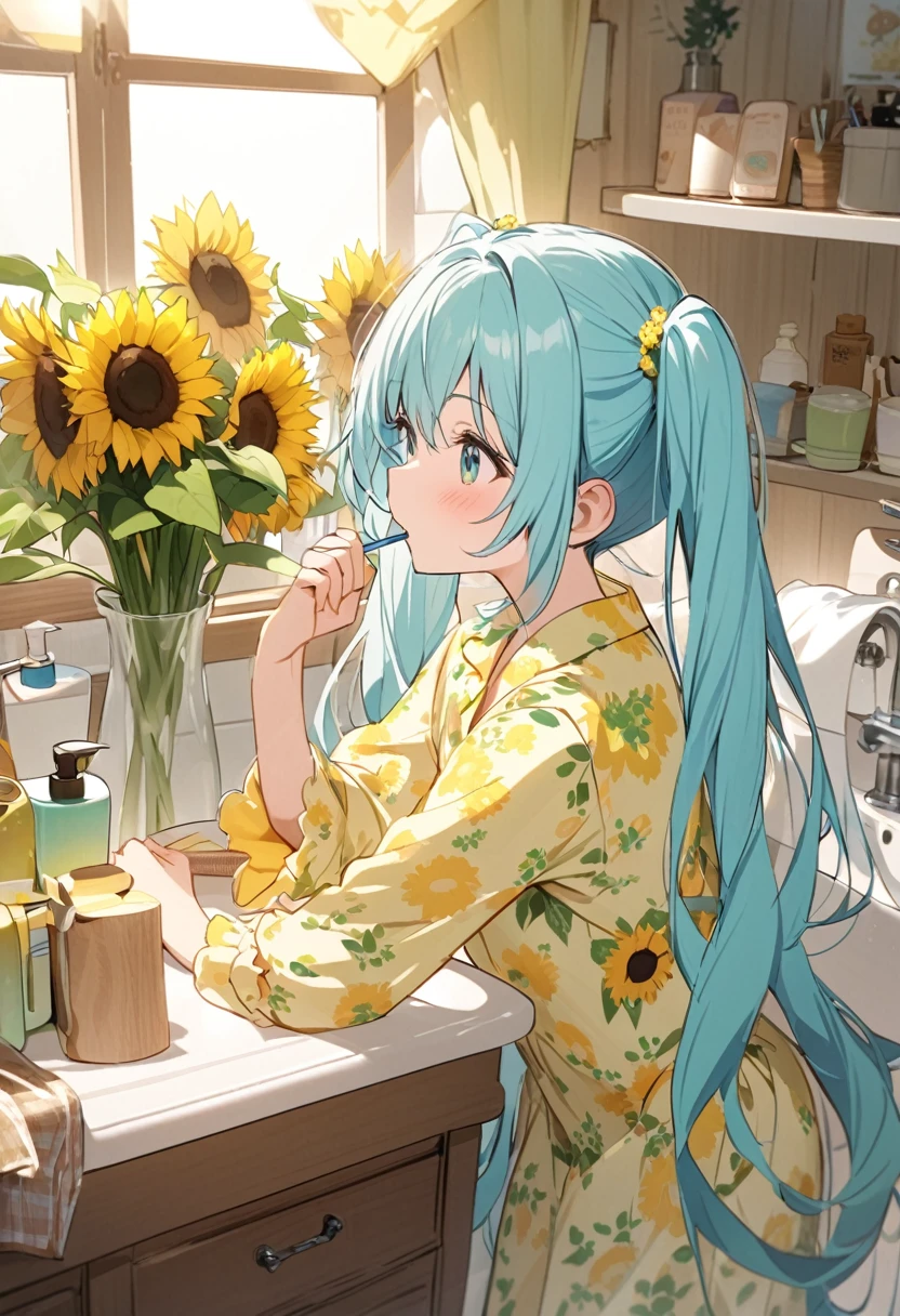 Brushing your teeth Have a toothbrush Light blue long hair Beautiful girl with twin tails Just woke up A bright, sunny washstand Green floral pajamas、There are lots of margarets and sunflowers on display.
