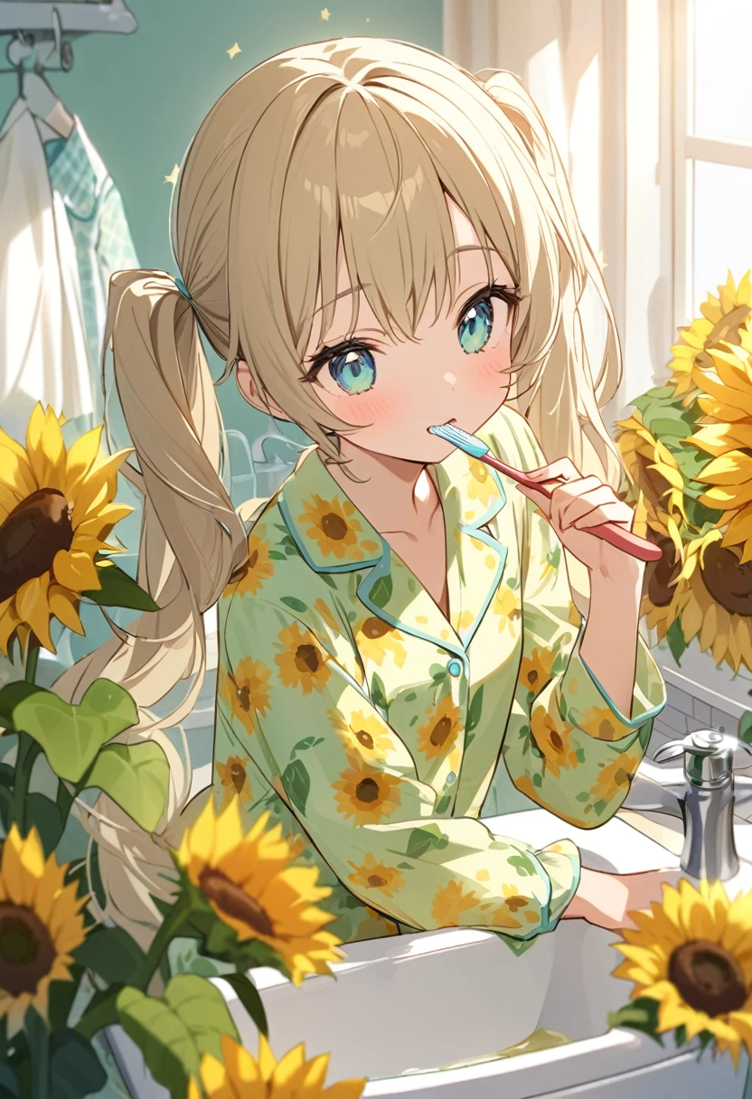 Brushing your teeth Have a toothbrush Light blue long hair Beautiful girl with twin tails Just woke up A bright, sunny washstand Green floral pajamas、There are lots of margarets and sunflowers on display.