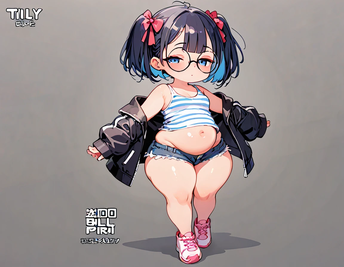 (masterpiece), (best quality), ((ultra-detailed)), (high resolution), (an extremely delicate and beautiful, super fine illustration), official art, BREAK (1girl), (:1.8), (tiny girl:1.6), (8yo)lat chest:1.4), (Plump:1.2), (thick stomach:1.3), (Thick thighs:1.8), (big ass:1.5), erect nipples, Huge areola, large nipples, (long nipples:1.4), erect nipples, oily skin, BREAK droopy eyes, (emerald blue eyes:1.3), (bad mood:1.5), (clear face:1.5), (half closed eyes:2.1), BREAK (bob cut:1.3), tired hair, messy hair, blue colored inner hair, Black hair color, (girl wearing round black glasses), BREAK (blue striped cropped white tank top:1.7), (cropped black jacket:1.6), (micro shorts:1.5), (pink sneakers:1.4), (front view:1.5), full body,