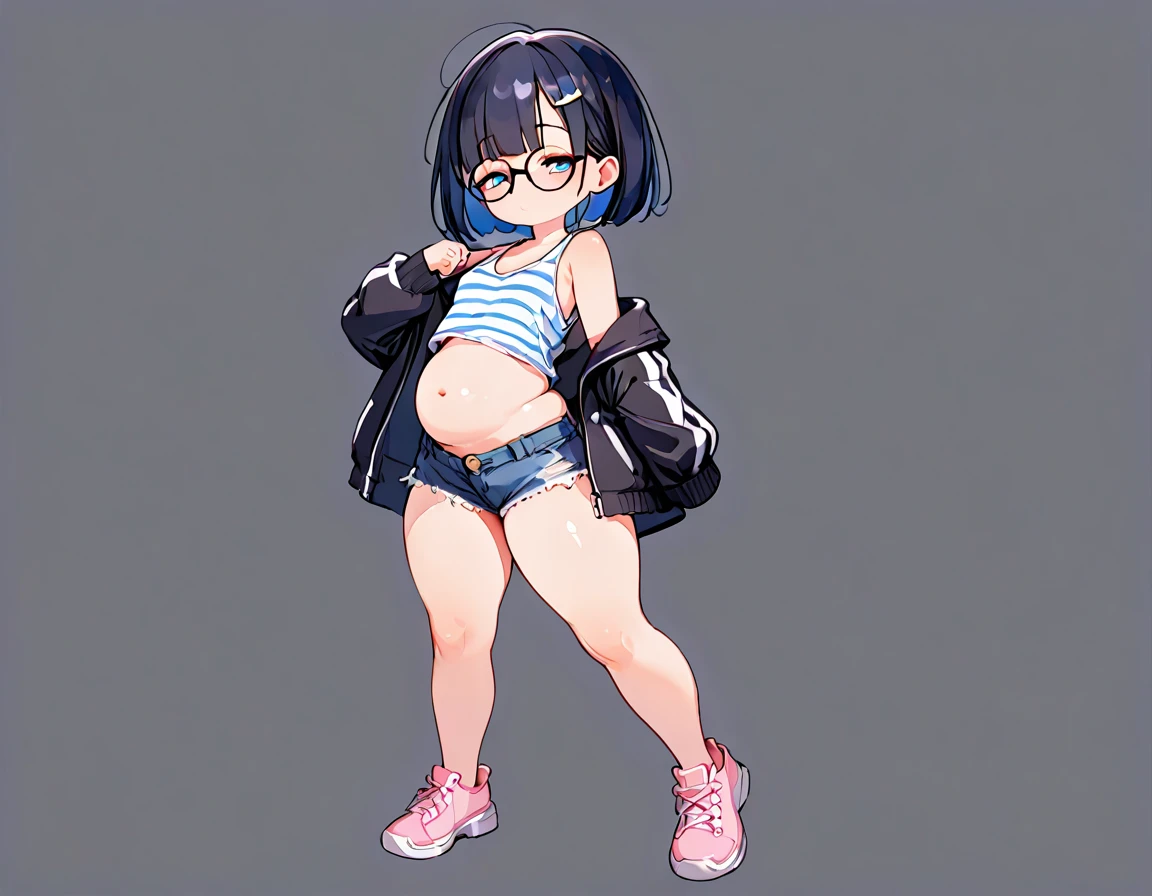 (masterpiece), (best quality), ((ultra-detailed)), (high resolution), (an extremely delicate and beautiful, super fine illustration), official art, BREAK (1girl), (:1.8), (tiny girl:1.6), (8yo)lat chest:1.4), (Plump:1.2), (thick stomach:1.3), (Thick thighs:1.8), (big ass:1.5erect nippHuge alarge nipples, nipples:1.4),nipples, oily sEAK droopy eyemeraldyes:1.3), (bad mood:1.5), (clear face:1.5), (half closed eyes:2.1), BREAK (bob cut:1.3), tired hair, messy hair, blue colored inner hair, Black hair color, (girl wearing round black glasses), BREAK (blue striped cropped white tank top:1.7), (cropped black jacket:1.6), (micro shorts:1.5), (pink sneakers:1.4), (front view:1.5), full body,