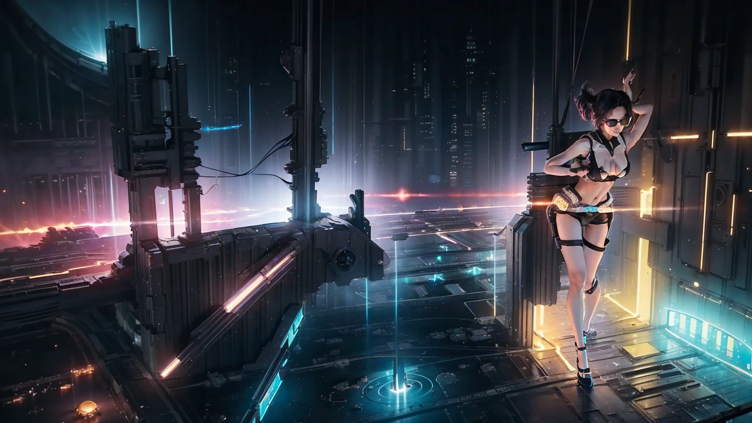 brightly colored abstract (((((aerial view))))) image of a space station with a spiral, epic beautiful space scifi, chaotic cinematic space rift, greg beeple, planets colliding, beeple and tim hildebrandt, beeple and jean giraud, end of the universe, galaxy space sci-fi, ringworld, (((((dark ink))))), by Mike "Beeple" Winkelmann. at night, (((((1girl, solo))))), photo realistic, (((((large-breast:1.2 slim body, cleavage:1.4))))), (((off broken mini sling-shirt and black sling bra, extreamly short pleated miniskirt exposing panty))), (((((running pose))))), (((((((matrix style black micro sunglasses))))))), ((((((((((aiming with a short gun)))))))))), (((((looking at camera))))), (((very low view))), (((((half-body thigh level medium shot))))), (((cinematic lighting))).