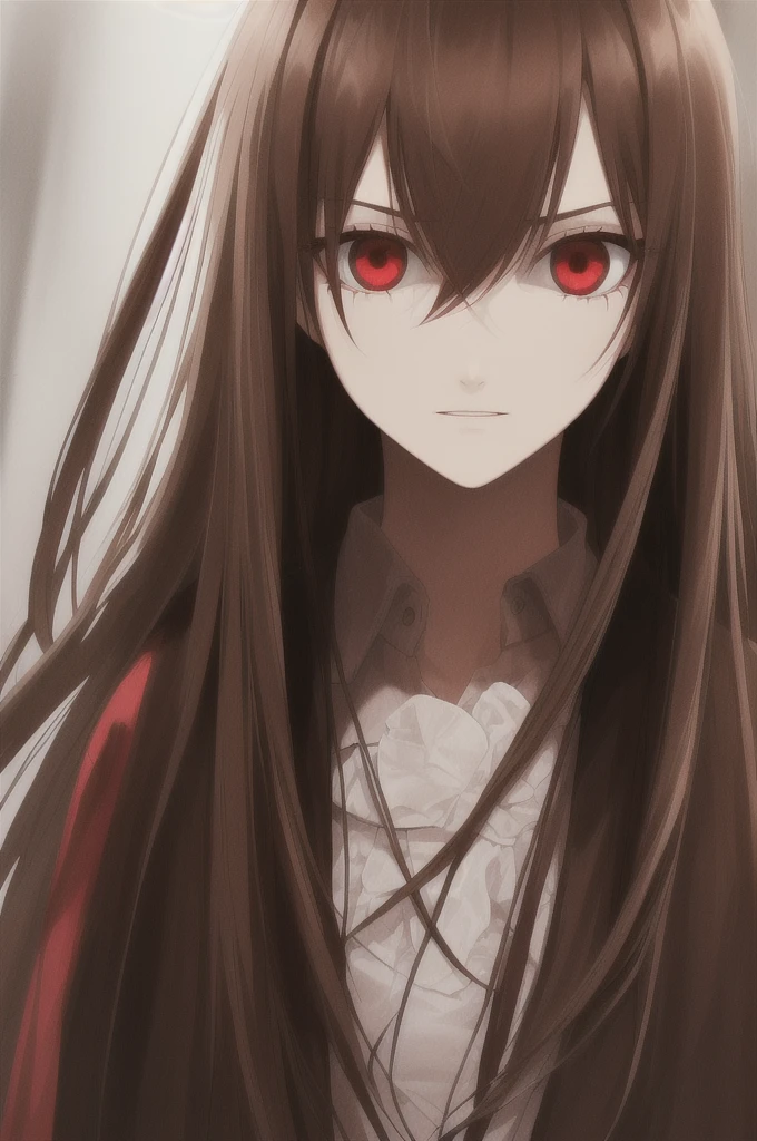 woman, long straight light brown hair, red eyes, with old clothes, dark inhabitant of terror, alone, scary face
