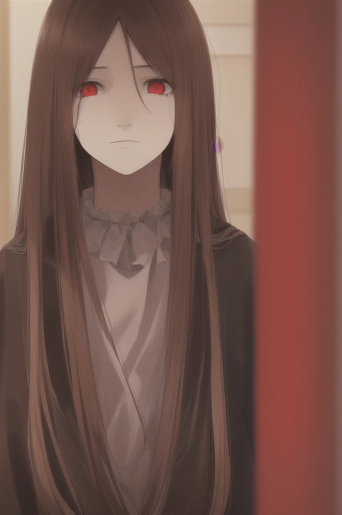 woman, long straight light brown hair, red eyes, with old clothes, dark inhabitant of terror, alone, scary face
