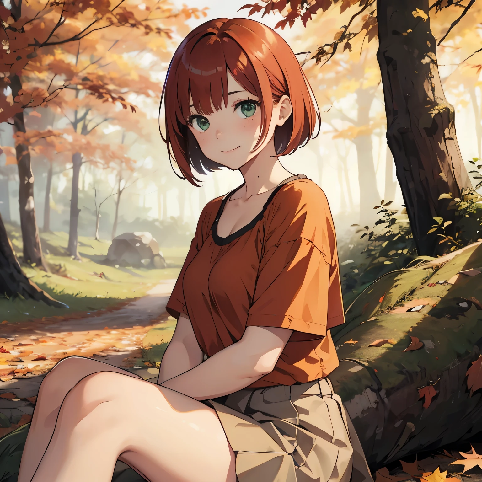 (masterpiece), best quality, expressive eyes, perfect face, 1girl, solo, bob cut, redhead, red hair BREAK short hair, green eyes BREAK blush, cute smile, looking at viewer, freckles, breasts, red shirt BREAK orange skirt BREAK , sitting on log, autumn leaves, Autumn forest, trees, outdoors, day sky