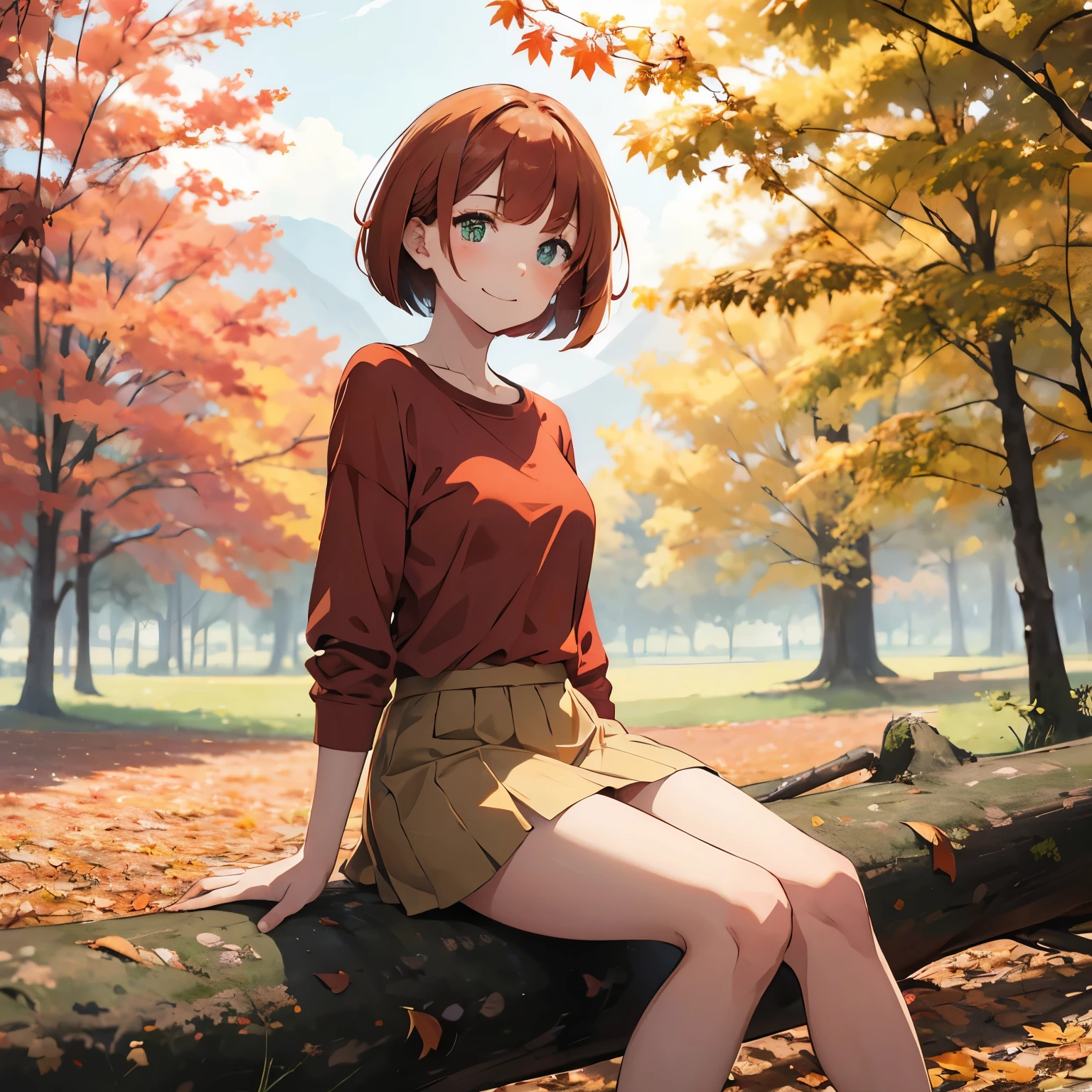 (masterpiece), best quality, expressive eyes, perfect face, 1girl, solo, bob cut, redhead, red hair BREAK short hair, green eyes BREAK blush, cute smile, looking at viewer, freckles, breasts, red shirt BREAK orange skirt BREAK , sitting on log, autumn leaves, Autumn forest, trees, outdoors, day sky