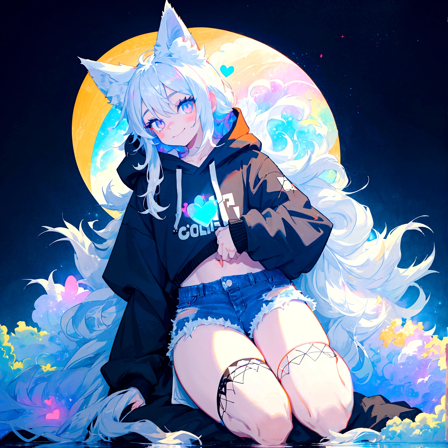 a cute adult male with wolf ears, long white hair, long locks, has a wolf tail, wearing a loose cropped black hoodie, wearing a pair of denim short shorts and fishnet stockings, thick thighs, wide hips, relaxing on mound of fluffy multi colored kawaii plushies, short, very slim, showing slender tummy, heart on hoodie, squishy thighs, has glowing blue eyes. alone, solo (ALONE)(SOLO), surrounded by rainbows, colorful galaxy backround, smiling
