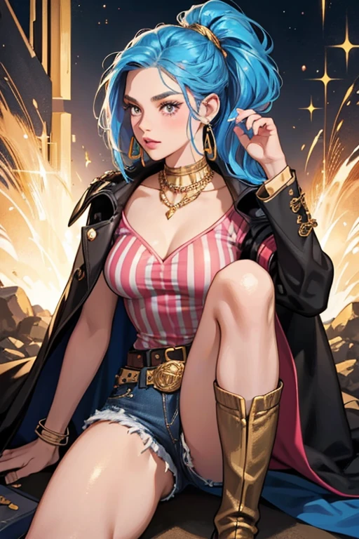 Miss Independent has brown skin, chocolate brown eyes, sky blue eyeshadow, and dark pink blush and pink glittery lips. She has blue hair in a high ponytail, but also with some swooping box braids in front tied in a knot on the top left of her head.

She wears a glittery black blazer-like top, with red stripes on one side and blue sequins on the other. Her underwear shows some gold that peeks through her top. She wears distressed raw-edged denim shorts with gold studs and a gold belt. She also comes with a black train cape that attatches to her belt. She wears white high heeled knee length boots with gold details, gold star shaped earrings, a gold statement necklace, and blue sunglasses shaped like flags. Her purse is sky blue like her eyeshadow, and with gold details. SPARKLE; GLITTER