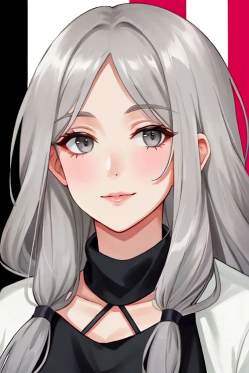 beautiful older woman with long grey hair and dark grey eyes