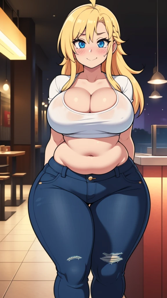 ((highres)), Masterpiece, high quality, best quality, beautiful, perfect lighting, detailed face, ultra cute face, looking at viewer, on a date, ((blush)), affectionate smile, ((1girl)), ((solo)), long blonde hair, fluffy hair, blue eyes, jeans, crop top, tight clothes, fast food restaurant, large breasts, cleavage, wide hips, ((thick thighs)), ((chubby)), chubby belly, standing, arms behind back, leaned over, cute pose,