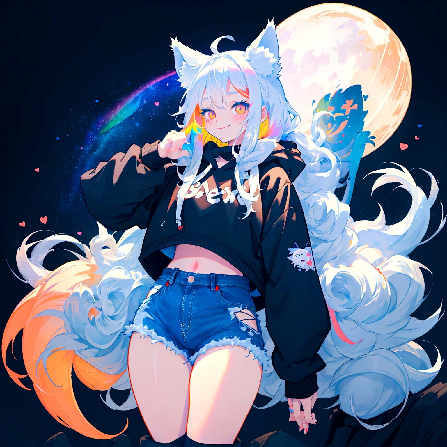 a cute adult male with wolf ears, long white hair, long locks, has a wolf tail, wearing a loose cropped black hoodie, wearing a pair of denim short shorts and fishnet stockings, thick thighs, wide hips, relaxing on mound of fluffy multi colored kawaii plushies, short, very slim, showing slender tummy, heart on hoodie, squishy thighs, has glowing blue eyes. alone, solo (ALONE)(SOLO), surrounded by rainbows, colorful galaxy backround, smiling