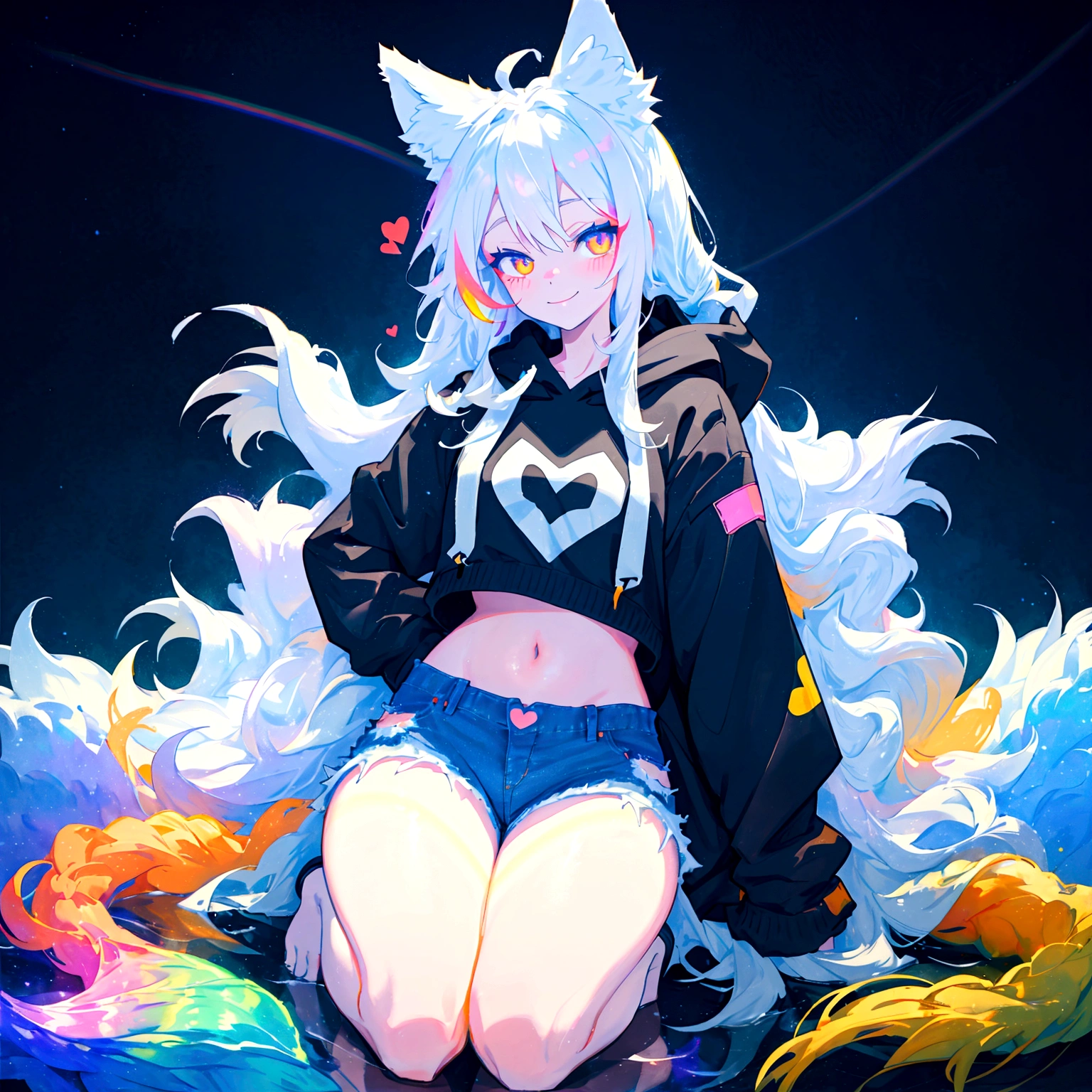 a cute adult male with wolf ears, long white hair, long locks, has a wolf tail, wearing a loose cropped black hoodie, wearing a pair of denim short shorts and fishnet stockings, thick thighs, wide hips, relaxing on mound of fluffy multi colored kawaii plushies, short, very slim, showing slender tummy, heart on hoodie, squishy thighs, has glowing blue eyes. alone, solo (ALONE)(SOLO), surrounded by rainbows, colorful galaxy backround, smiling