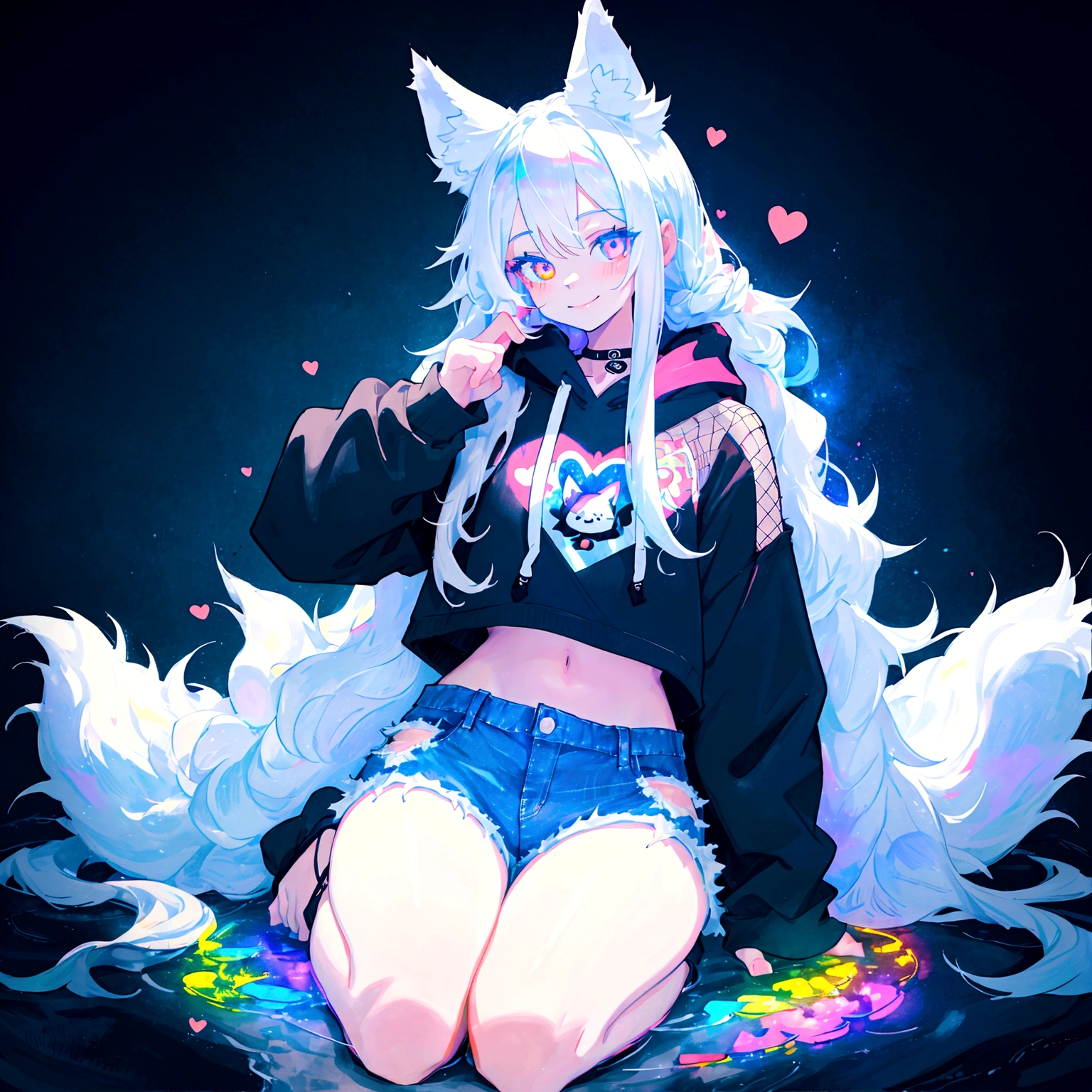 a cute adult male with wolf ears, long white hair, long locks, has a wolf tail, wearing a loose cropped black hoodie, wearing a pair of denim short shorts and fishnet stockings, thick thighs, wide hips, relaxing on mound of fluffy multi colored kawaii plushies, short, very slim, showing slender tummy, heart on hoodie, squishy thighs, has glowing blue eyes. alone, solo (ALONE)(SOLO), surrounded by rainbows, colorful galaxy backround, smiling