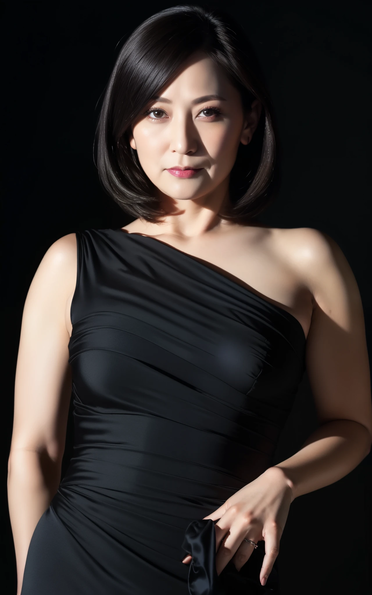 masterpiece,best quality, (one milf), ((portrait:1.5)), makeup, black simple dress, lewd, erotic, touch own chest, ((seduction expression)),