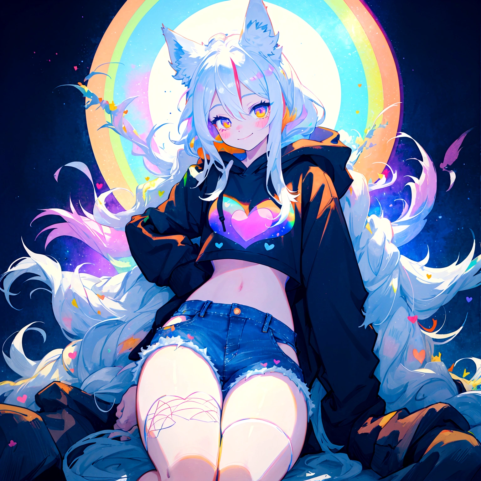 a cute adult male with wolf ears, long white hair, long locks, has a wolf tail, wearing a loose cropped black hoodie, wearing a pair of denim short shorts and fishnet stockings, thick thighs, wide hips, relaxing on mound of fluffy multi colored kawaii plushies, short, very slim, showing slender tummy, heart on hoodie, squishy thighs, has glowing blue eyes. alone, solo (ALONE)(SOLO), surrounded by rainbows, colorful galaxy backround, smiling