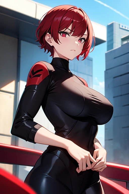 girl, with giant breasts, Red hair, short hair, crimson eyes, black spy suit.