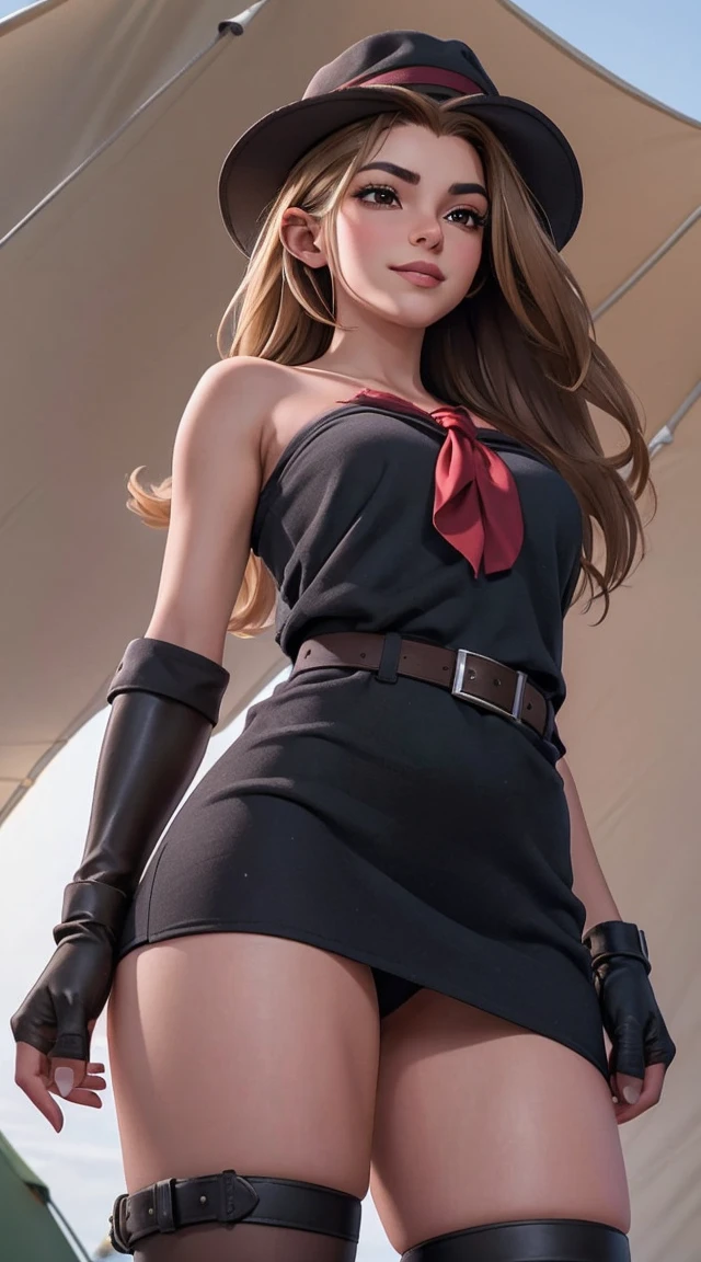 a cute 18 year old girl, with long brown hair, black hair, Fair skin,High Quality, instagram model, Sexy photo of a girl camping alone, exteriors, Slim Fitness Body, large full breasts, Clearly visible chest contours, shot from below, 18-year-old female, sunset, (One tent in the background), slender fit body, small waists, large full breasts, lean girl, skinny legs, Cold Weather, Prominent chest contour, Smiling, Happy Girl, Blonde hair, messy long hair, Hard Outline, Visible Defined Lips, Marking thigh spacing. slim girl, girl, slim girl, Clean Shot, There is only one tent in the photo, collarbone, fingerless gloves, gloves, dress tight, over the knee dress, hat, navel, neckerchief, red neckerchief, elegant secretary dress outfit, thick thighs, thighs, multiple belts, More detailed 8K.motor irreal:1.4,UHD,La mejor calidad:1.4, fotorrealista:1.4, textura de la piel:1.4, obra maestra:1.8,obra-prima, mejor calidad,objeto Objeto], (detailed face features:1.3),(manos detailed)