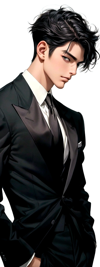 (masterpiece best qualtiy)( AI art)(high qualtiy)1 boy , handsome, charming, fresh,(detail  face),( ignore face), thick neck , pointed chin, black hair, short hair, tall, stronger, Sharp eyes, Badass, no tattoos, potrait, looking at view, smirk face, standing , prince suit, sky background 