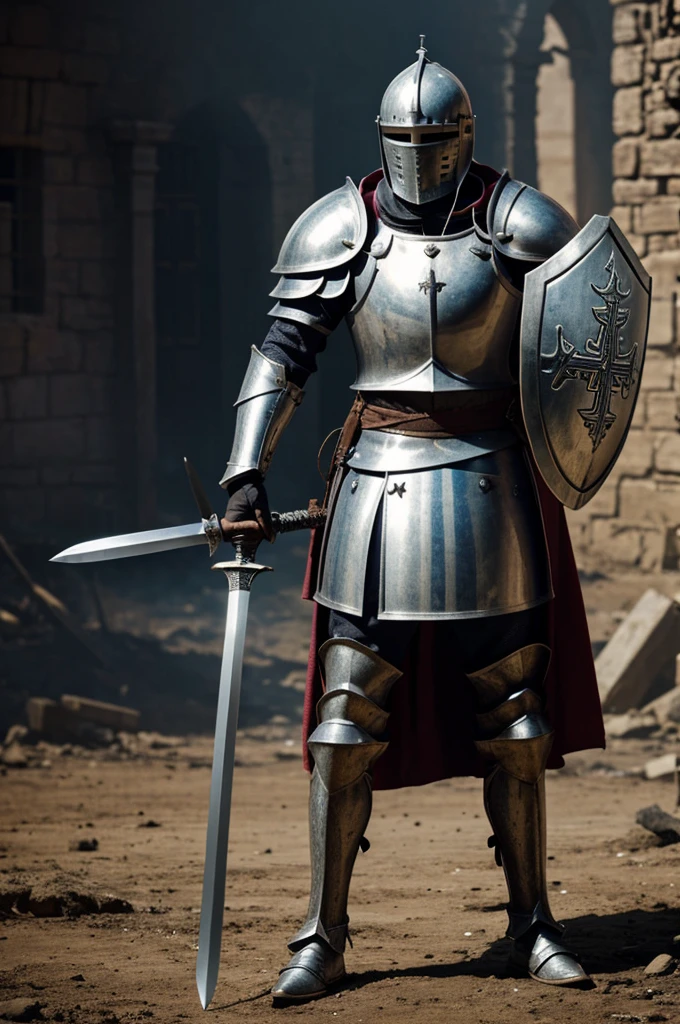 A crusader knight on it's knees with his right arm cut off bleeding while his left arm holding a sword standing on the ground while having a crusader shield on its back with arrows attach to the shield while the background has a burning village