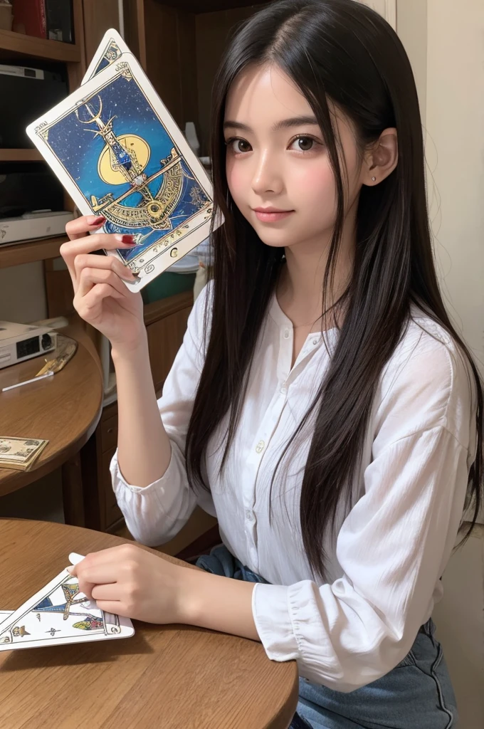 A cute girl reading tarot cards