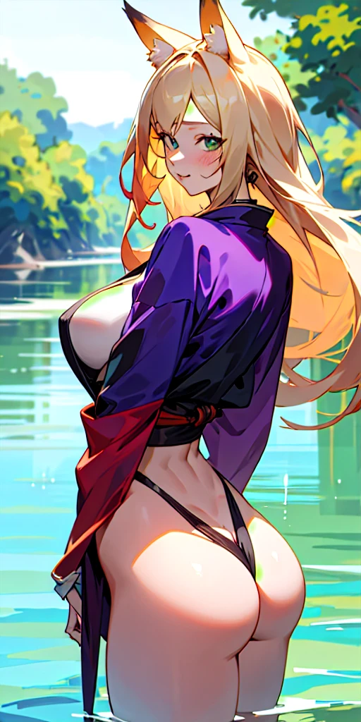 A girl with reddish green eyes with purple, looking back, outdoors, obi, without clothes, big breasts, big buttocks, fox ears, ultra realistic, height 1.87, second girl with very big breasts and very big buttocks, hair blue with blonde, he is 1.79 tall, laughing, in the water making fun of the first girl