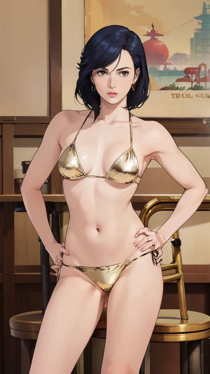 (masterpiece, best quality:1.2),((photoreal:1.1)),perfect anatomy,solo, ((1 middle  woman)),((1 MILF)), female,Saeko Nogami,perfect eyes, ((looking at viewer:1.4)),((horizontal angle)),((view from front:1.4)),(straight-on),shoot from front,lighting from front,((Piutuary small breasts:1.4)),((muscular:1.1),((do not hide your crotch)),(cod lips),((seating on tall stool:1.3)),(spreading legs wide:1.3),(hands on hip bone:1.4),(holding your head high),extremely delicate and beautiful,((gold bikini:1.2)),dark blue hair,re,high heel,