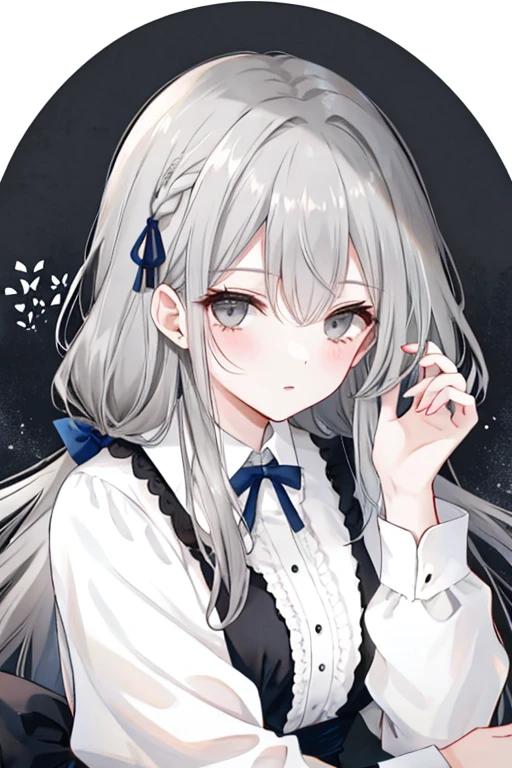beautiful older woman with long grey hair and dark grey eyes