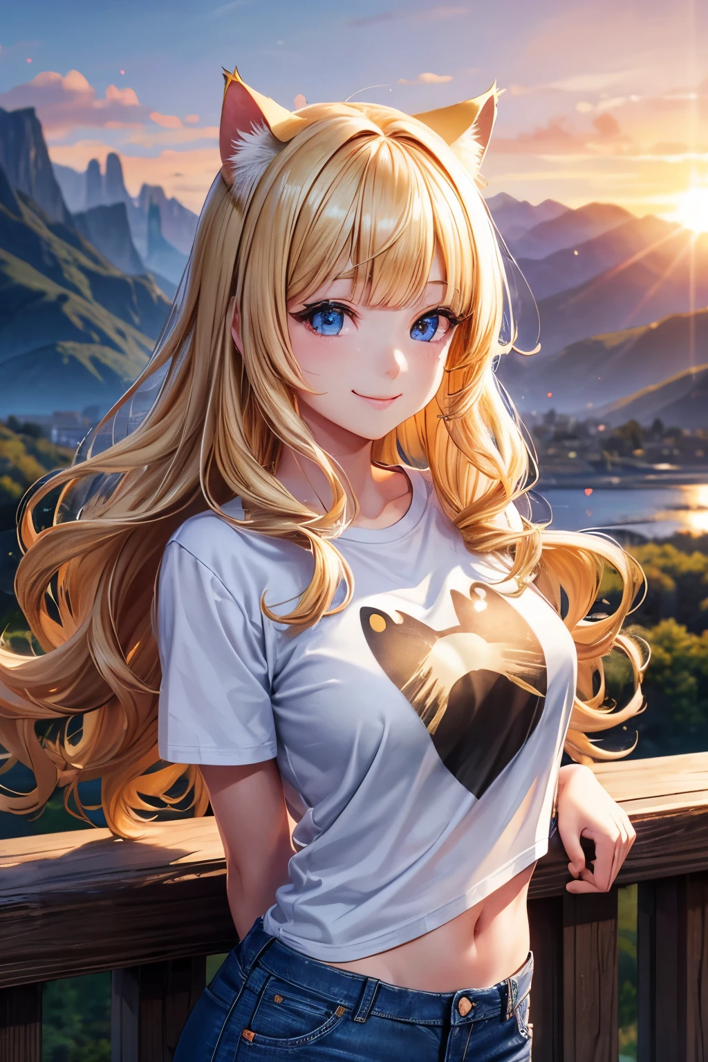 Top quality, high resolution, perfect human structure, background focus, front view, blonde, bob, shiny hair, cat ears, smiling heart-shaped eyes, blunt bangs, wavy hair, sunrise, mountains, shiny hair, happy smile, gradient eyes, t-shirt, jeans