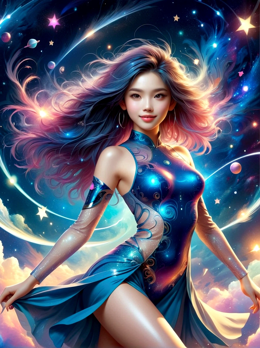 1xknh1, (full-body shot:1.4), Space Art, 1 Cheongsam woman,whole body,Standing,Transparent robotic arm,slim body,Perfect proportions,Exquisite hair accessories,Smile,Transparent mechanical shoes,Oriental elements,(bokeh),high quality,4K,3d