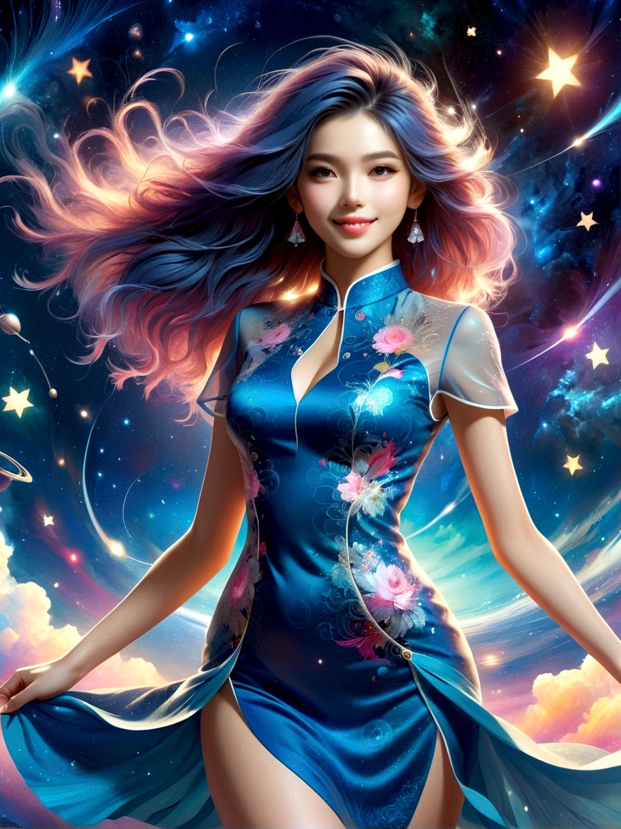 1xknh1, (full-body shot:1.4), Space Art, 1 Cheongsam woman,whole body,Standing,Transparent robotic arm,slim body,Perfect proportions,Exquisite hair accessories,Smile,Transparent mechanical shoes,Oriental elements,(bokeh),high quality,4K,3d