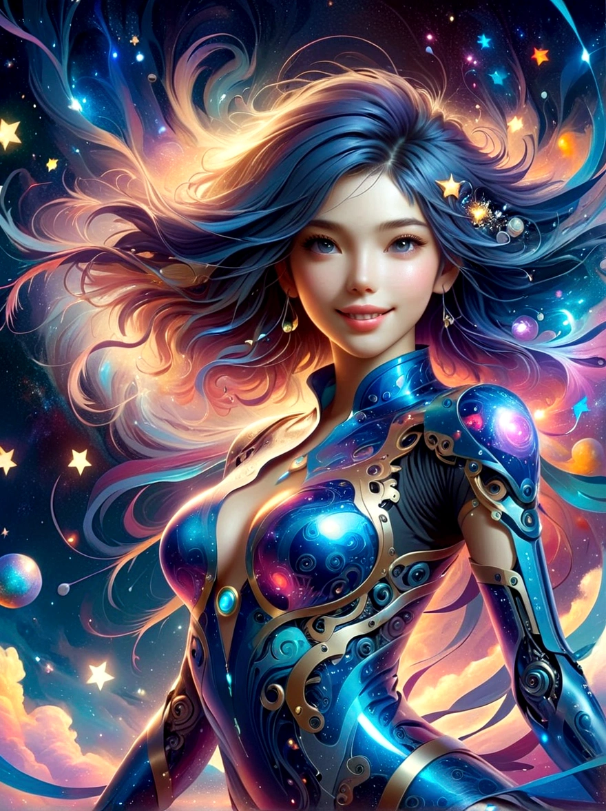 1xknh1, (full-body shot:1.4), Space Art, 1 Cheongsam woman,whole body,Standing,Transparent robotic arm,slim body,Perfect proportions,Exquisite hair accessories,Smile,Transparent mechanical shoes,Oriental elements,(bokeh),high quality,4K,3d