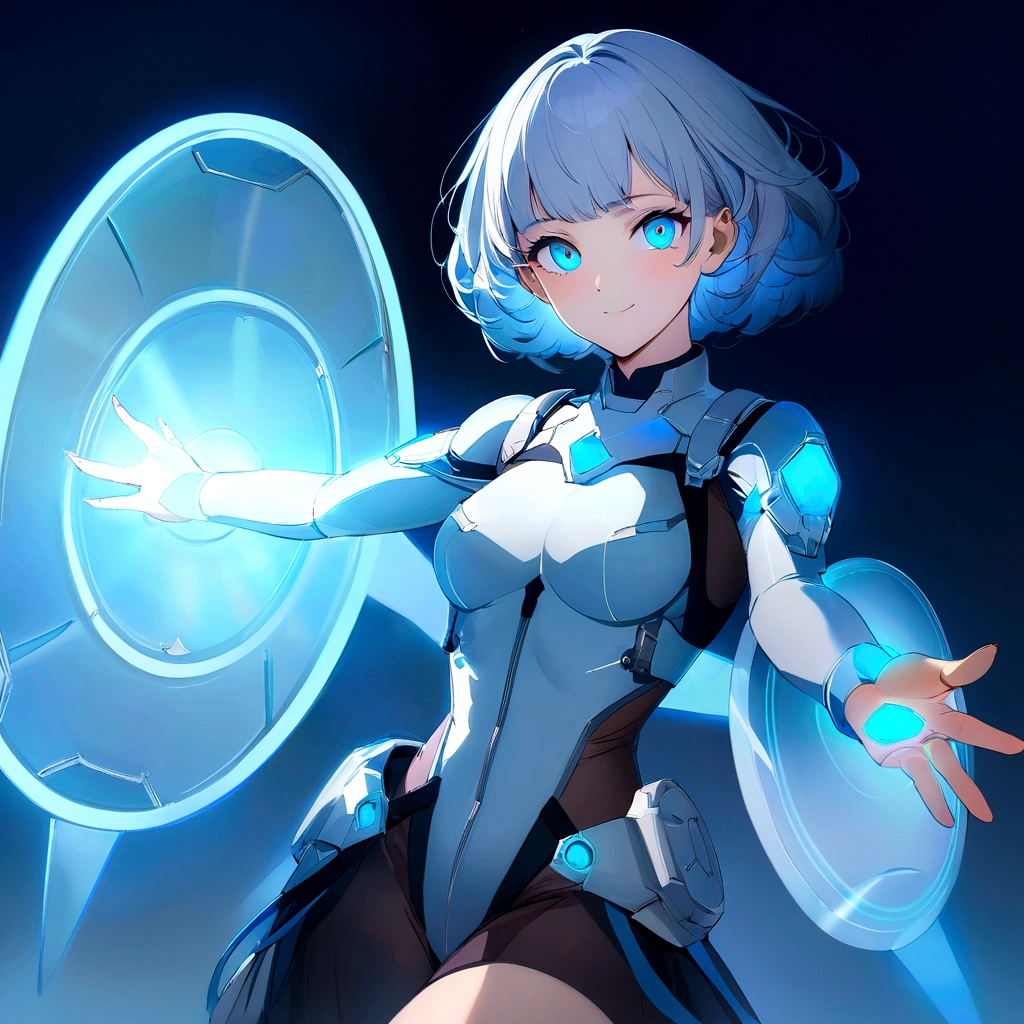an image of a gentle girl with short, silvery-blue hair, wearing a futuristic, battle-ready outfit with glowing blue elements. She has a kind expression on her face, characterized by soft, warm eyes and a gentle smile with relaxed features. She is generating a large, translucent energy shield that shimmers with blue light, protecting herself and an area around her. The girl should be in a dynamic yet gentle pose, with one hand outstretched towards the viewer as if she's directing the shield and the other hand resting gently by her side. Her stance is strong yet relaxed, with one leg slightly bent. The background is dark and dramatic, with hints of blue light and energy waves illuminating their figures. The shield should have intricate, glowing patterns, enhancing the sense of her power and gentle control,model pose, (nude:0.6), detailed gorgeous face| anime style| key visual| intricate detail| highly detailed| breathtaking| vibrant| panoramic| cinematic| Carne Griffiths| Conrad Roset| gibbli 8k
