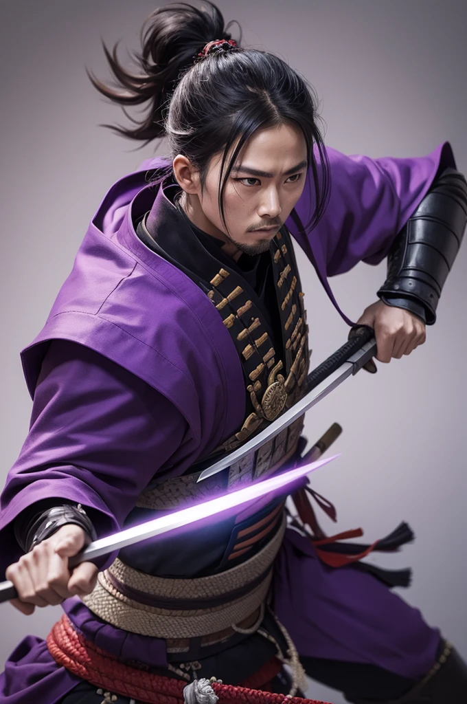 Modern samurai fighting with a purple spear