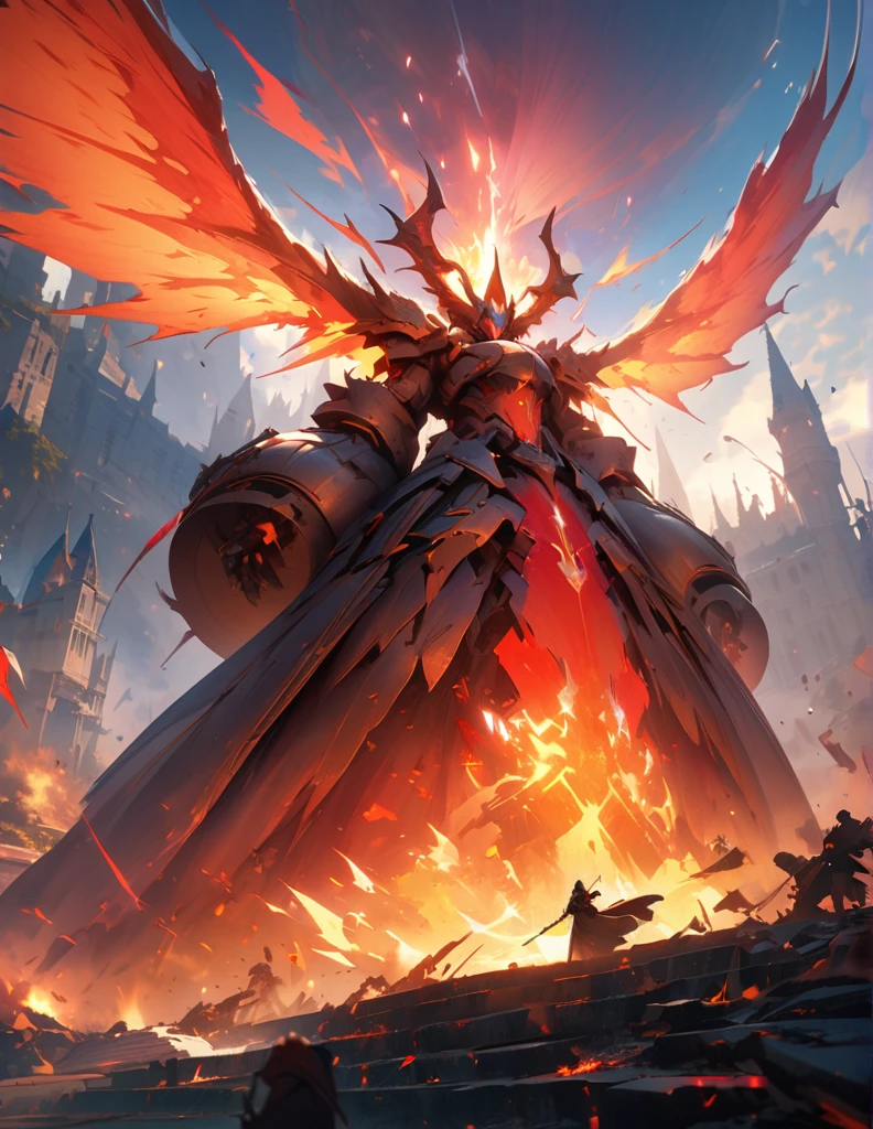 quality(8k wallpaper of extremely detailed CG unit, masterpiece, hight resolution, top-quality, top-quality ,hyper realisitic, digitial painting,increase the resolution,RAW photos,best qualtiy,highly detailed,the wallpaper),BREAK,8K, Gigantic angel with nimb is glowing , ancient castle, peoples prying, mage casting spell circles glowing red color,