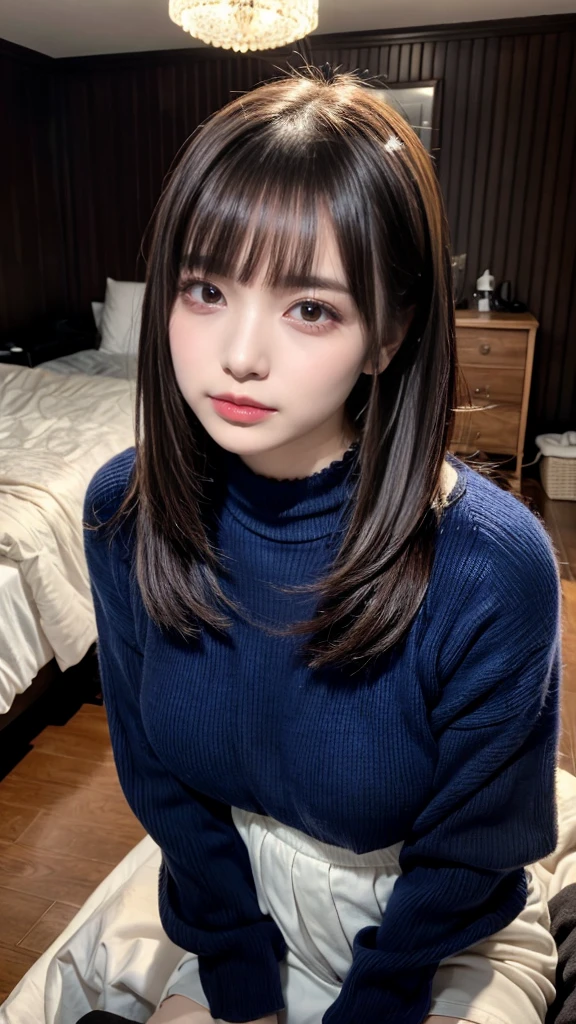 highest quality、8k、32k、masterpiece、Super vivid、Highest quality、8k full vision, Cinematic lighting:1.2)、(Blue right), One Girl、Long Hair Girl、Beautiful Japanese Women、Black-haired、Heavy bangs、Long sleeve shirt、Hair length、Fluffy white sweater、Don't expose it、choker、(plump breasts), (jirai type fashion、jirai type makeup, Jirai Type Girl), Sparkling under-eye bags、red glitter eye makeup, From feet to head、

indoor、moonlit room、Dark Room、dim、A room in an apartment with a sense of life、A messy room、Messy room、