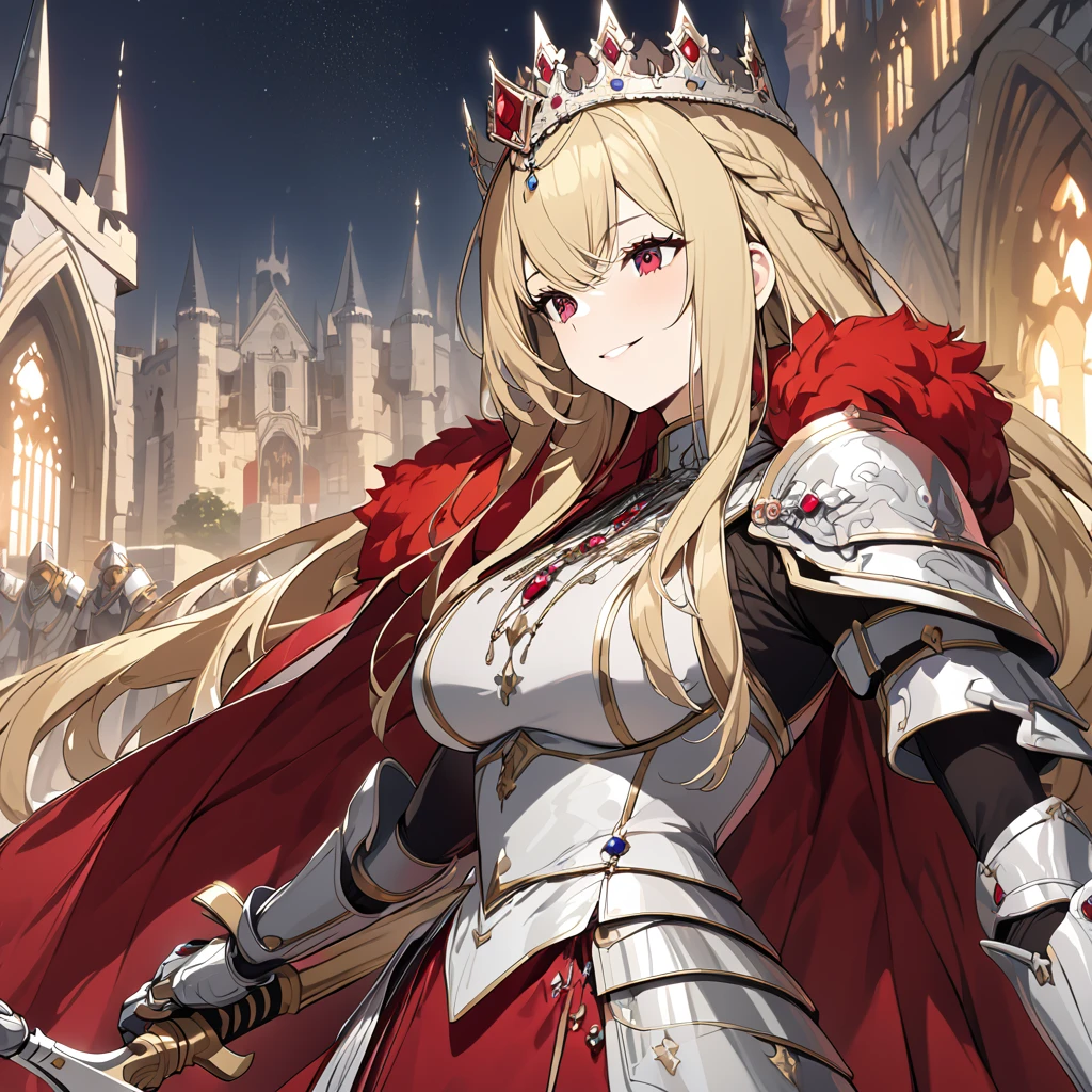 A woman wearing heavy silver armor, long red fur cape, with a crown on her head, crown with sapphires and rubies, blonde hair, long hair, red eyes, smiling, holding a silver sword, on an outside of a castle, Several heavy knights postured around, medieval aesthetic...UHD , prime work , accurate , anatomically correct , textured skin , super details , high quality , best quality, 8k, high resolution, bokeh effect. (woman alone)
