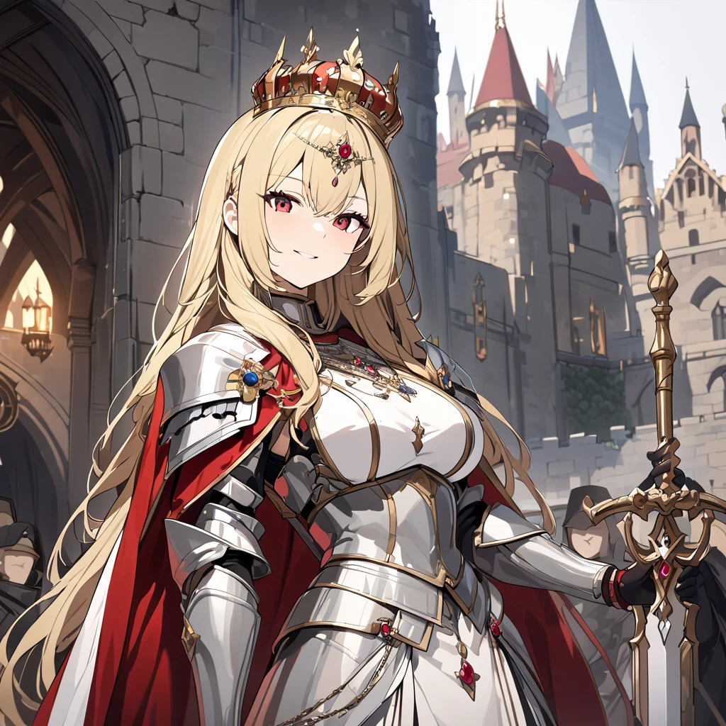 A woman wearing heavy silver armor, long red fur cape, with a crown on her head, crown with sapphires and rubies, blonde hair, long hair, red eyes, smiling, holding a silver sword, on an outside of a castle, Several heavy knights postured around, medieval aesthetic...UHD , prime work , accurate , anatomically correct , textured skin , super details , high quality , best quality, 8k, high resolution, bokeh effect. (woman alone)
