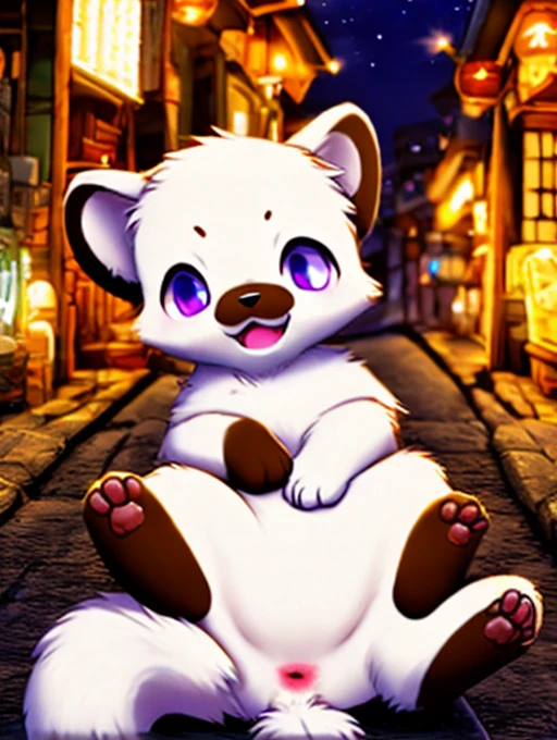 Civet cat, , cute, (alone), (((Has brown and white fur))), Big purple eyes, Blushing, smile, Open your mouth, walking, night, Ancient Asian cities, bright street lights, Blue and black slate road, Empty Streets, Starry Sky, Shadow, Detailed facial depiction, ((Accurate hand drawing)), レンブラントの光とShadow, Ultra-fine，Completely naked，Naked，Naked，Sleep on your back，Spread your legs and point your crotch，lift both legs up，Embarrassing，Embarrassing表情，Small dick，Animal penises，anus，Furry，kemono，Hairy boy，Animal body types，