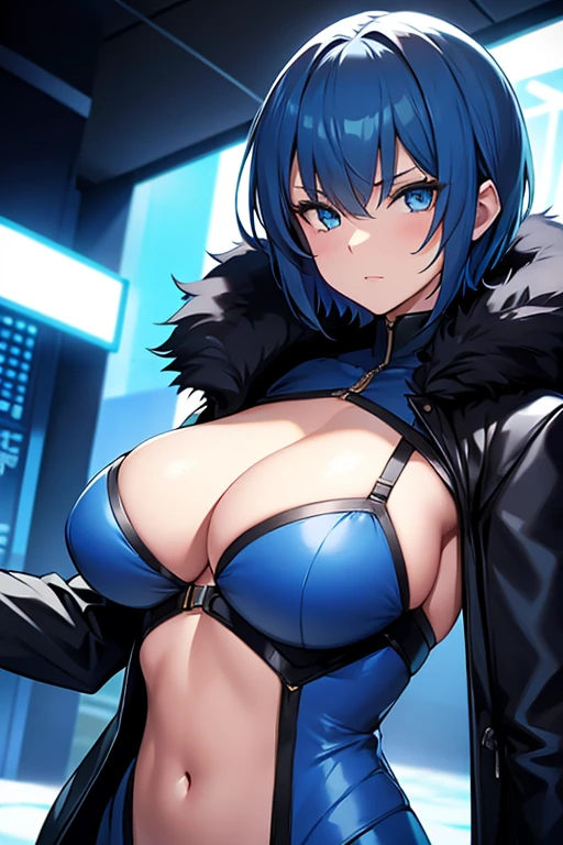 girl, with giant breasts, blue fur, short hair, blue eyes , black spy suit.