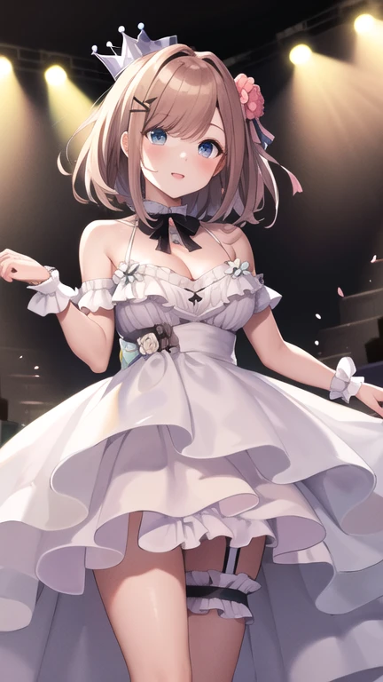 masterpiece, best quality, highres, hmsl1, medium hair, x hair ornament, (crown:1.1), pink flower, white dress, bridal garter, bare shoulders, wrist cuffs, frilled dress, bowtie, large breasts, stage, cowboy shot, standing,