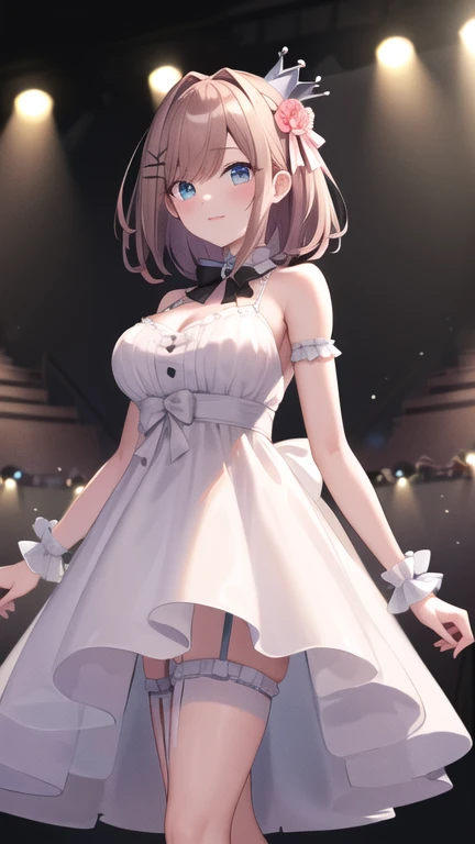 masterpiece, best quality, highres, hmsl1, medium hair, x hair ornament, (crown:1.1), pink flower, white dress, bridal garter, bare shoulders, wrist cuffs, frilled dress, bowtie, large breasts, stage, cowboy shot, standing,