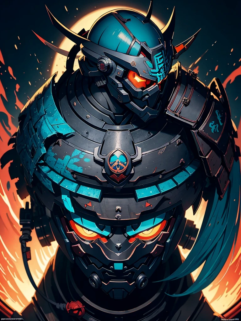 Profile shot of a mechanized oni wearing battered shogun helmit and mask, disciplined and focused, binary code on prayer scrolls in calligraphy next to him, teal rising sun behind his profile, crossed swords at bottom near border, a classic but new age warrior looking towards the future