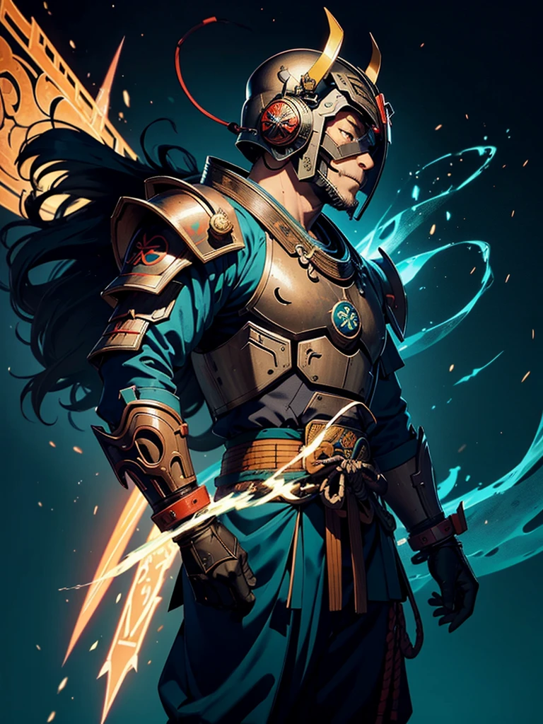 Profile shot of a mechanized oni wearing battered shogun helmit and mask, disciplined and focused, binary code on prayer scrolls in calligraphy next to him, teal rising sun behind his profile, crossed swords at bottom near border, a classic but new age warrior looking towards the future