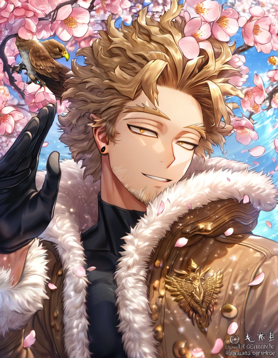 absurdres, highres, ultra detailed, HDR, master piece, Hawks, brown-blond hair, expressive brown-golden eyes, brown coat with fur, faint beard, Boku No Hero Academia, sexy man, handsome, best quality, blossoms, pink petals, pink flowers, water, fantasy, magical, blue shining fireflies, solo, black tight shirt with patterns, black gloves, red piercing, handsome smile