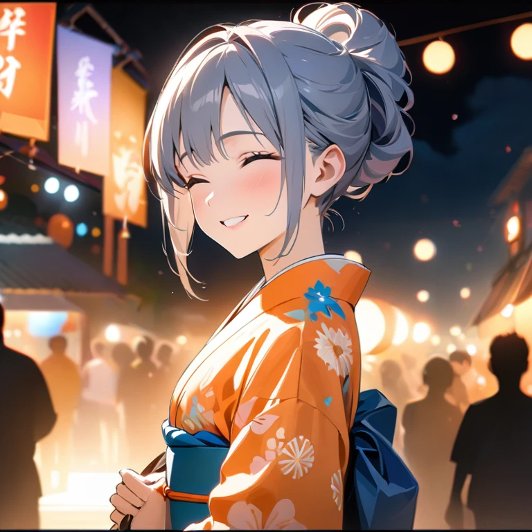 (best quality,8k,highres, masterpiece:1.2), (anime style),ultra-detailed, HDR, UHD, studio lighting, ultra-fine painting, sharp focus, physically-based rendering, extreme detail description, professional, vivid colors, bokeh, portraits, concept artists, warm color palette, dramatic lighting,Summer festival night,1 beautiful woman,(blue flower pattern kimono),updo, big smile, closed eyes, (The cityscape lined with the fairs of summer festivals),(beautiful hair, glowing skin,),(Silhouette of a passing crowd),(fireworks in sky background),Holding a Hermès Kelly Bag