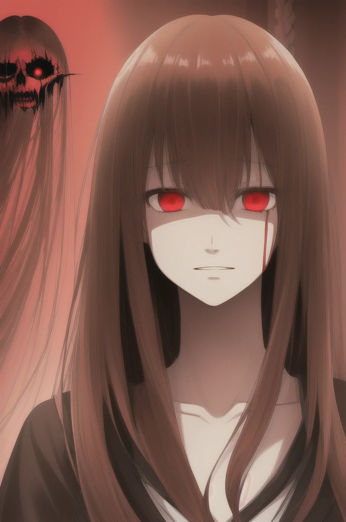 woman, long straight light brown hair, red eyes, with old clothes, dark inhabitant of terror, alone, scary face